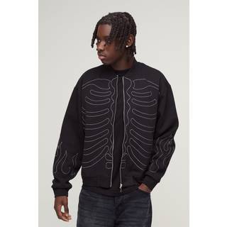 Mens Black Oversized Boxy Contrast Stitch Skull Applique Bomber Jacket