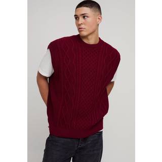 Mens Burgundy Oversized Crew Neck Cable Knitted Vest