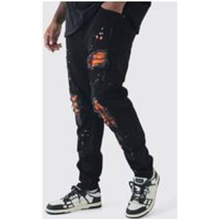 Mens Black Plus Super Skinny Stretch Biker Rip & Repair Paint Splat Jeans