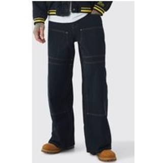 Mens Tall Baggy Fit Contrast Stitch Carpenter Trousers in Black
