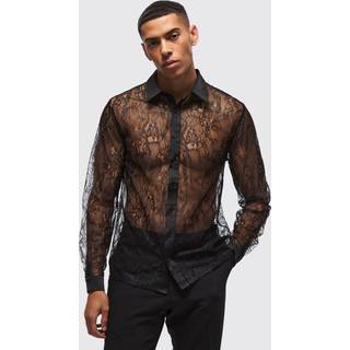 Mens Black Regular Fit Long Sleeve Lace Shirt