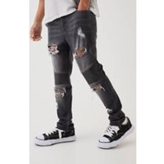 Mens Charcoal Skinny Distressed Raw Hem Biker Jeans