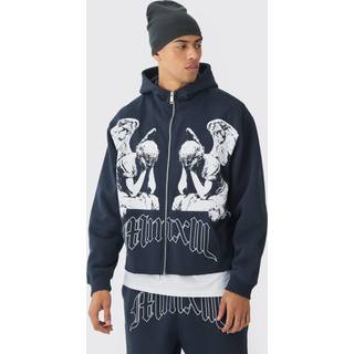 Mens Slate Blue Oversized Boxy Zip Through Renaissance Graphic Hoodie