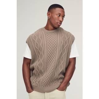 Mens Light Brown Oversized Crew Neck Cable Knitted Vest