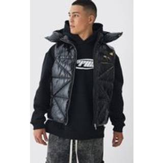 Mens Quilted High Shine Vinyl Hooded Gilet In Black