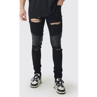 Mens True Black Tall Distressed Raw Hem Skinny Biker Jeans