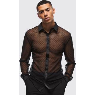 Mens Black Slim Fit Long Sleeve Lace Shirt