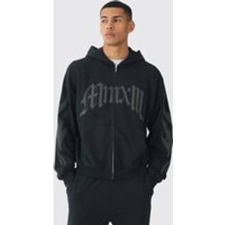 Mens Black Oversized Boxy Gothic Rhinestone Loopback Zip Through Hoodie