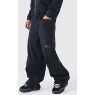 Mens Washed Black Baggy Rigid Cross Applique Denim Jeans