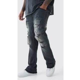 Mens Charcoal Plus Skinny Stretch Stacked Flared Ripped Jeans