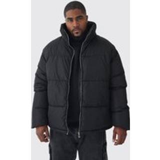 Mens Plus Worldwide Applique Funnel Neck Puffer Jacket In Black