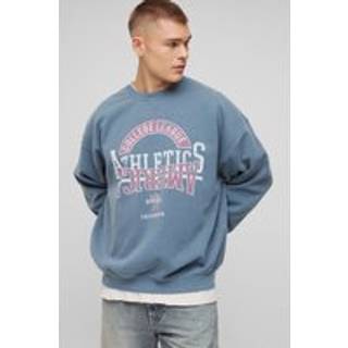 Mens Slate Blue Oversized Washed Varsity Graphic Sweatshirt