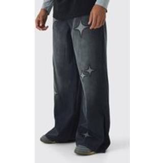 Mens Washed Black Extreme Baggy Star Applique Jeans