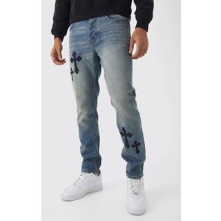 Mens Antique Blue Slim Rigid Cross Embroidered Jeans