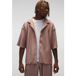 Mens Taupe Tall Oversized Boxy Revere Pleated Shirt