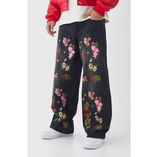 Mens Washed Black Baggy Fit Rigid Floral Embroidered Jeans