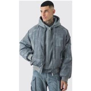 Mens Tall Boxy Washed Padded Hooded Bomber Jacket In Grey