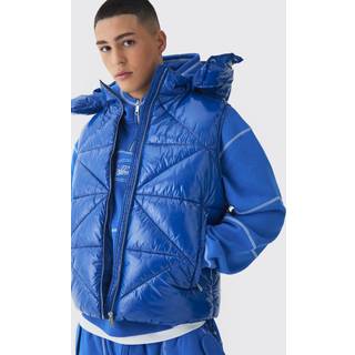 Mens Quilted High Shine Vinyl Hooded Gilet In Blue