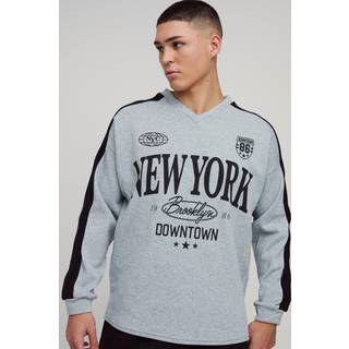 Mens Grey Marl Oversized V Neck Contrast Panel New York Sweatshirt