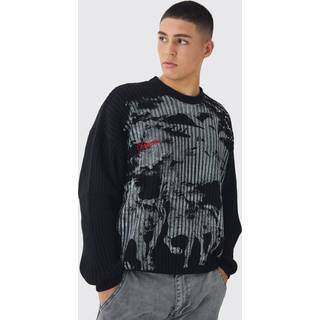 Mens Black Relaxed Dropped Shoulder Graphic Print Knitted Jumper