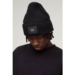 Mens Black Knitted PU Plaque Beanie