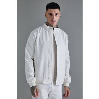 Mens Ecru Tall Stripe Seersucker Funnel Neck Smart Jacket