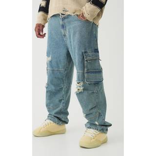 Mens Mid Wash Plus Distressed Cargo Relaxed Fit Jeans