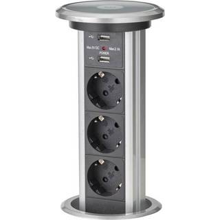 E-Line POP-UP stikdåse med USB, motor og Schuko, 3-vejs, sølv/sort - 1,8 meter