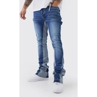 Mens Blue Skinny Flared Stacked Carpenter Gusset Washed Jeans