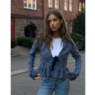 Nelly - Blå - Flounce Tie Jacquard Knit Cardigan - X-Small