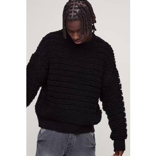 Mens Black Oversized Boxy Distressed Textured Knitted Jumper