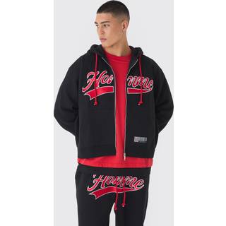Mens Black Oversized Boxy Homme Embroidered Varsity Zip Through Hoodie