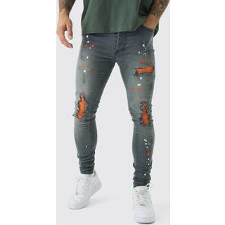 Mens Light Grey Super Skinny Stretch Biker Rip & Repair Paint Splat Jeans