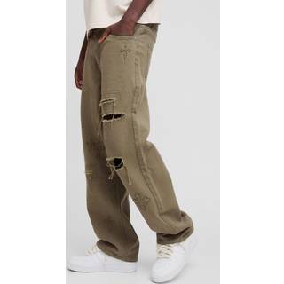 Mens Khaki Relaxed Rigid Cross Applique Denim Jeans