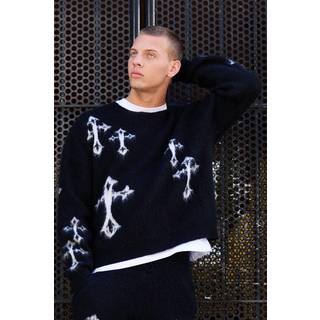 Mens Black Oversized Eyelash Knit Cross Graphic Jumper