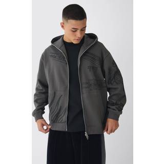 Mens Charcoal Oversized Doodle Zip Through Hoodie