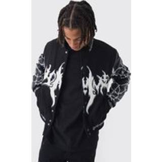 Mens Boxy Homme Embroidered Sleeve Varsity Jacket In Black