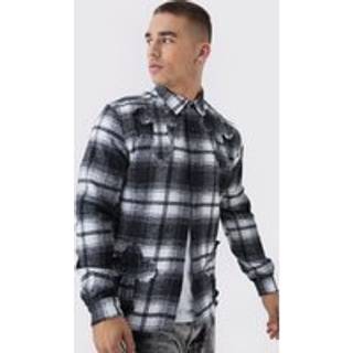 Mens Black Regular Fit Long Sleeve Check Applique Shirt
