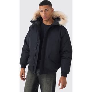 Mens Hooded Parka With Removeable Faux Fur Trim In Black