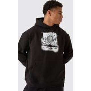 Mens Black Oversized Zip Through Monochrome Floral Print Hoodie