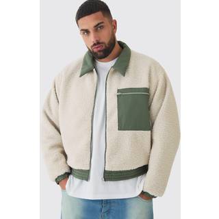 Mens Plus Boxy Borg And Nylon Collared Bomber Jacket In Ecru