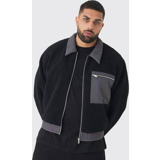 Mens Plus Boxy Borg And Nylon Collared Bomber Jacket In Black
