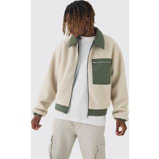 Mens Tall Boxy Borg And Nylon Collared Bomber Jacket In Ecru