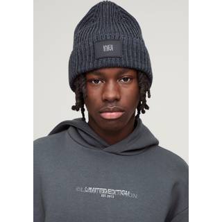 Mens Grey Knitted PU Plaque Beanie