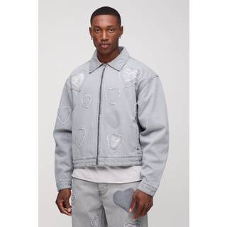 Mens Light Grey Boxy Fit Heart Applique Denim Bomber Jacket