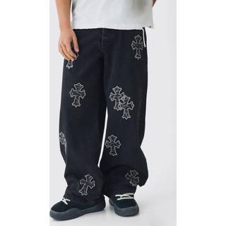 Mens Black Baggy Rigid Leopard Cross Applique Denim Jeans