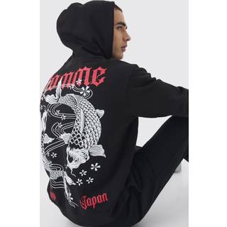 Mens Black Boxy Homme Koi Carp Graphic Hoodie