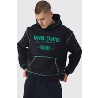 Mens Black Oversized Boxy Contrast Stitch WRLDWD Graphic Hoodie