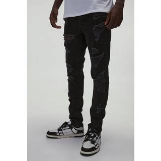 Mens True Black Skinny Stretch All Over Rip Denim Jeans