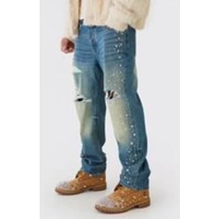 Mens Mid Blue Relaxed Rigid Flared Embellished Ripped Jeans